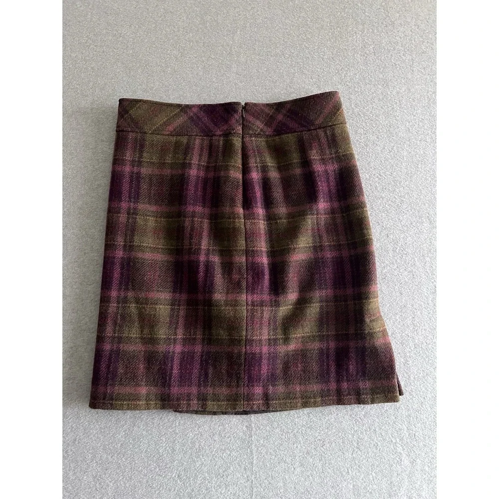 LL Bean Wool Plaid Skirt Women's 10 Purple Green Side Slit Zip Y2K Retro Vintage - Picture 6 of 12
